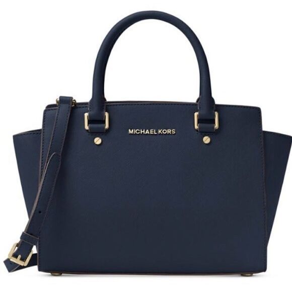 MICHAEL Michael Kors Handbags - MICHAEL KORS Navy Selma Saffiano Leather Medium Satchel Crossbody Purse Handbag
